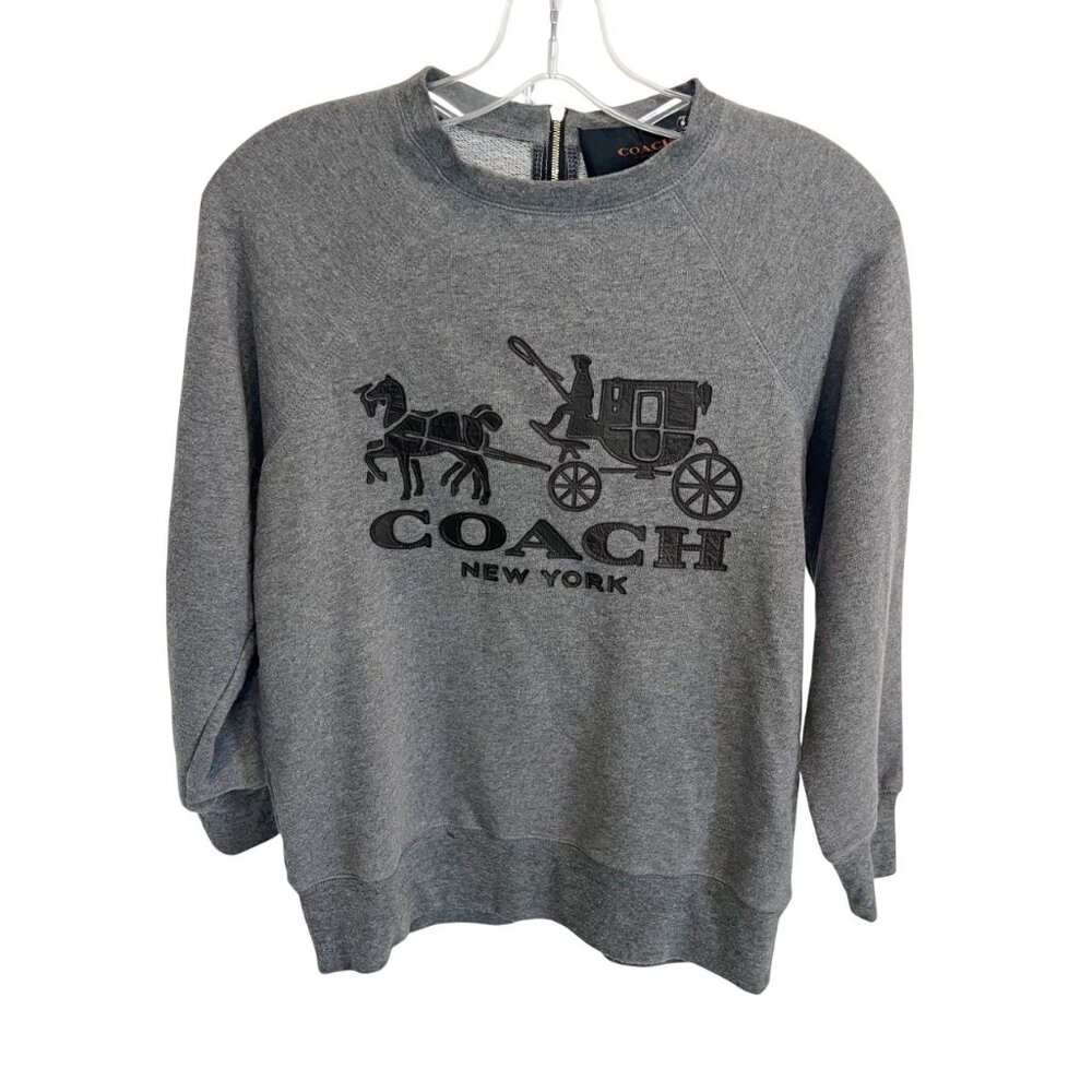 Coach Gray &‎ Brown Leather Applique Logo Sweatshirt Preppy - Womens Size XS